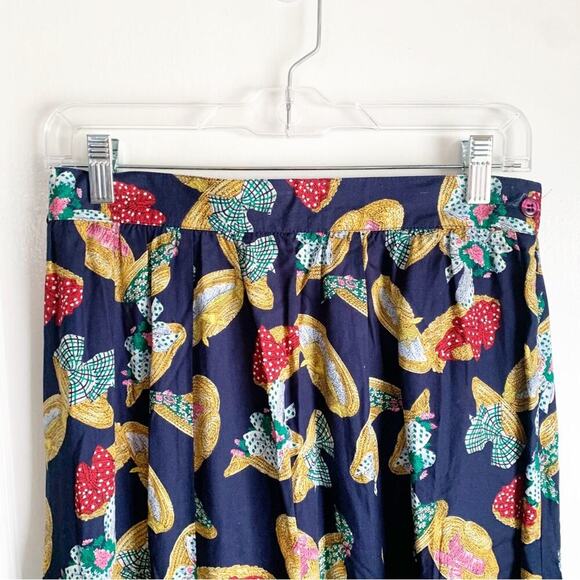 Vintage Susan Bristol Navy Straw Hat Print Pleated Midi Skirt Grandmacore 12 - Picture 3 of 9